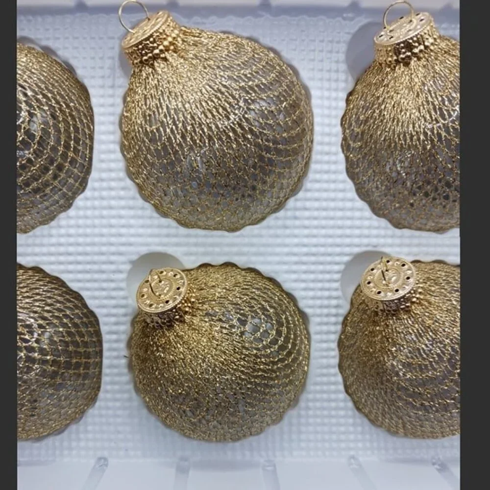 Trim a home vtg gold netting over clear glass ball round christmas ornaments 